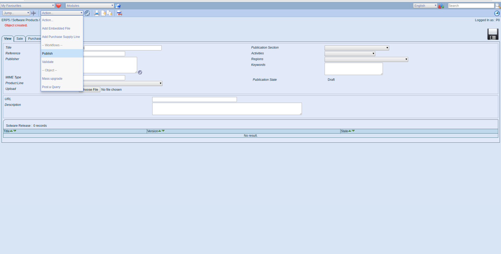 ERP5 Interface - Administrator Publish Software Product LTE